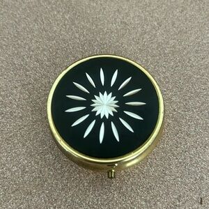 Vintage Black Gold Tone Colored Etched Travel Supplement Pill Box